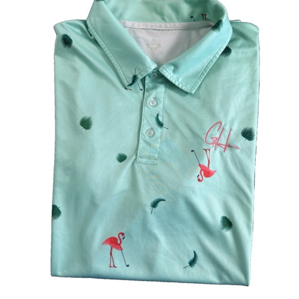 Gas House Flamingo Golf Shirt Men's Size L  Short Sleeve‎ w/ 3-Button & Collar